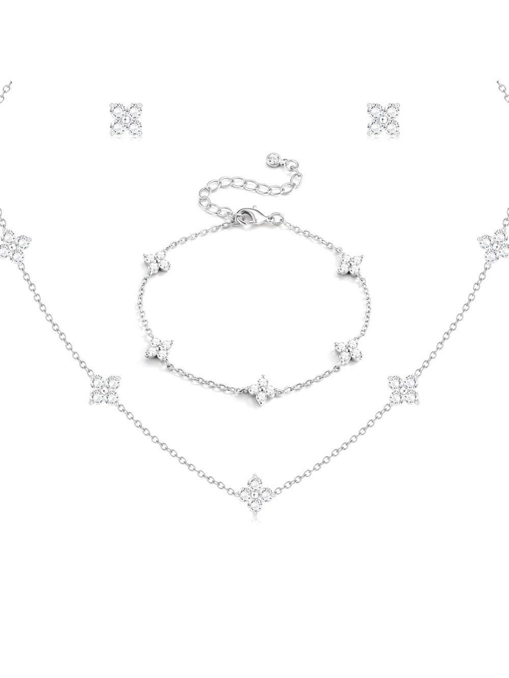 Elegant Sterling Silver Plated CZ Four leaf Necklace, Earrings & Bracelet Set -